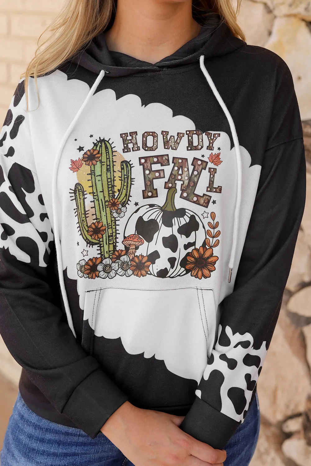 Black HOWDY FALL Western Graphic Cow Spots Hoodie