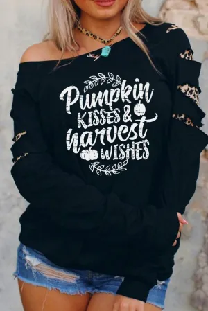Black Letter Print Leopard Cut Out Patchwork Pullover Sweatshirt