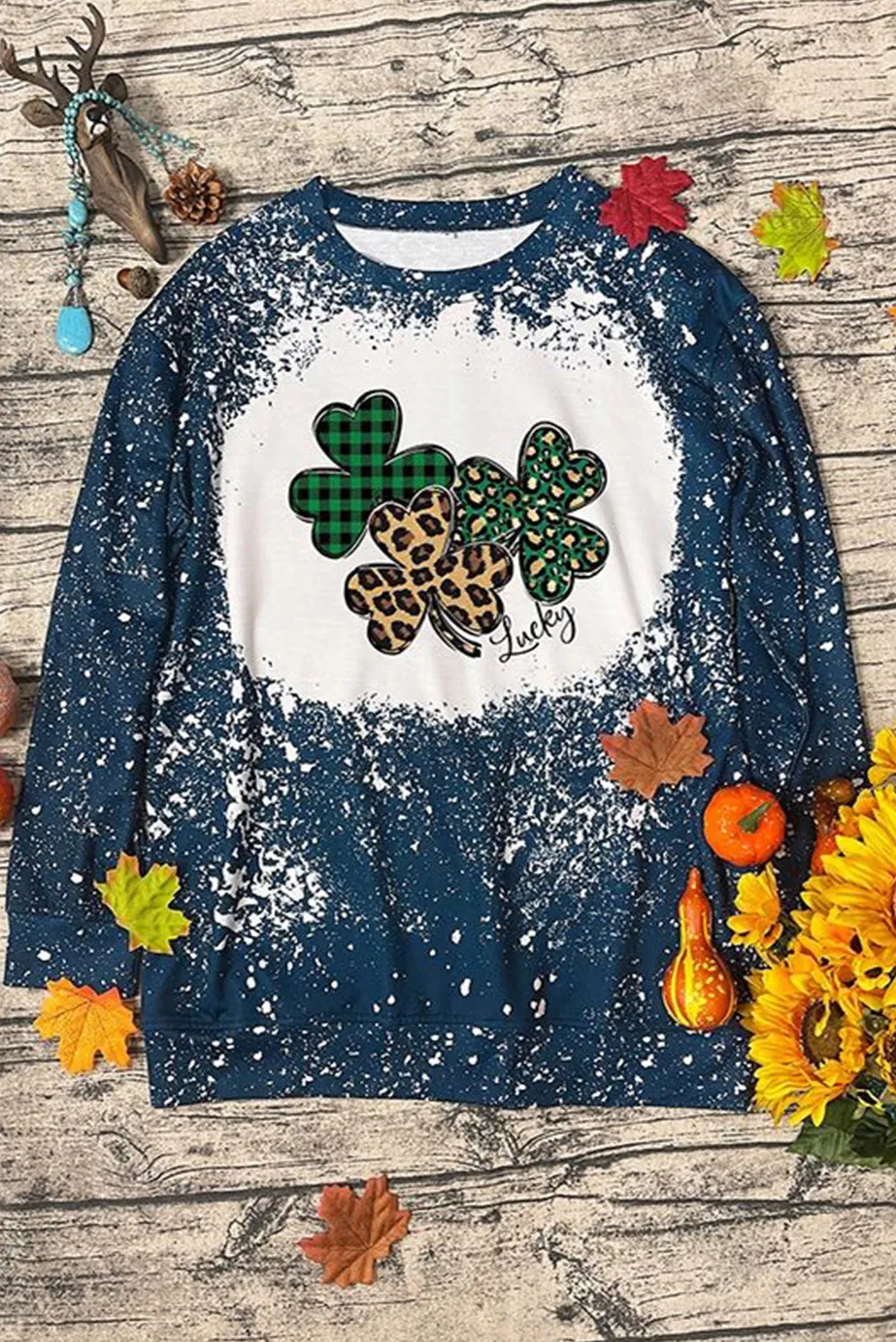 Blue 3-pattern Clover Print Bleached Sweatshirt