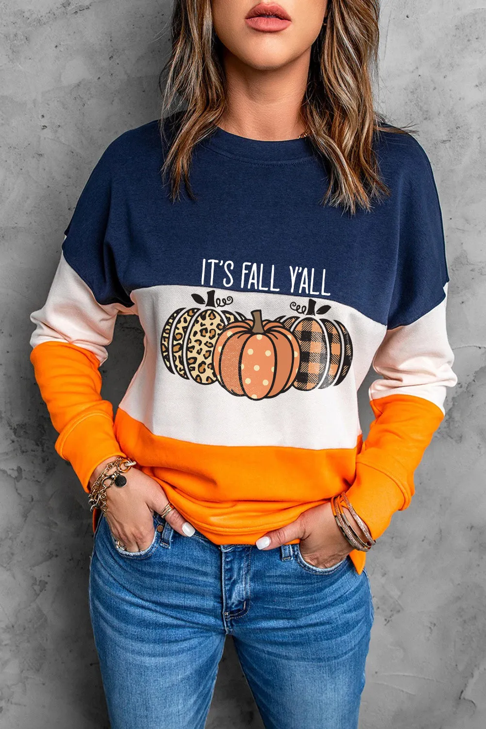 Blue Cute Pumkin Print Fall Vibe Color Block Sweatshirt