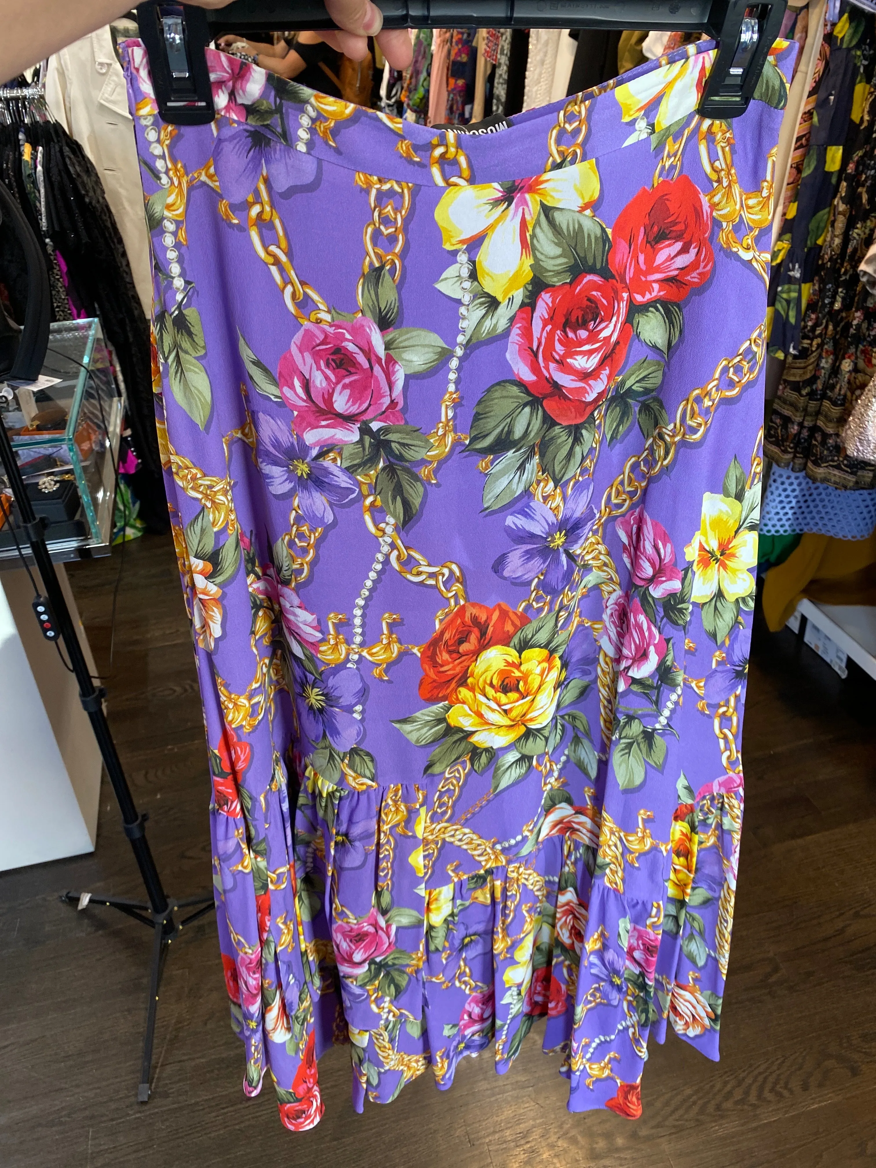 Boutique Moschino Purple Ruffle Chain Print Skirt