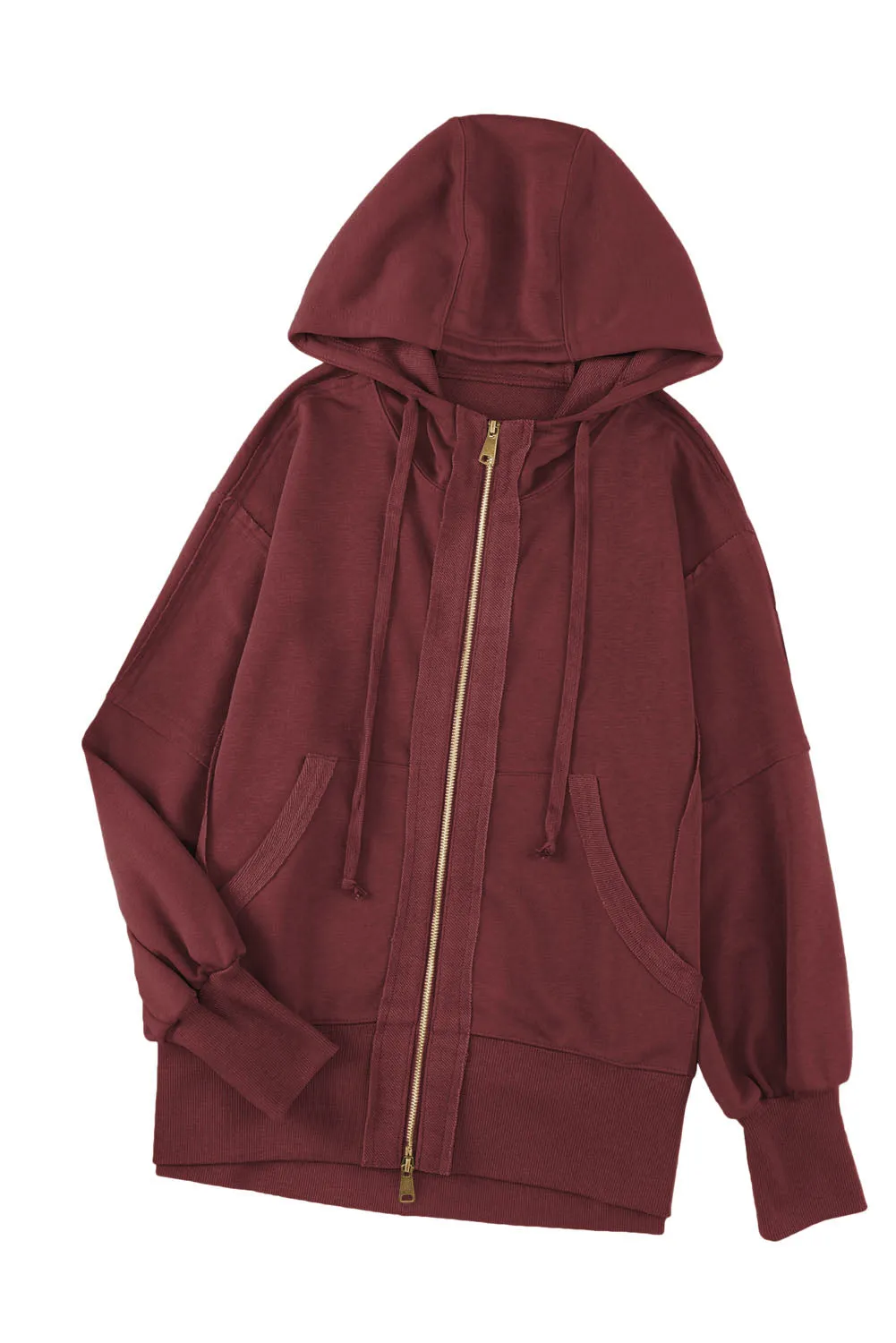 Brown  Raw Edge Exposed Seam Full Zip Hoodie