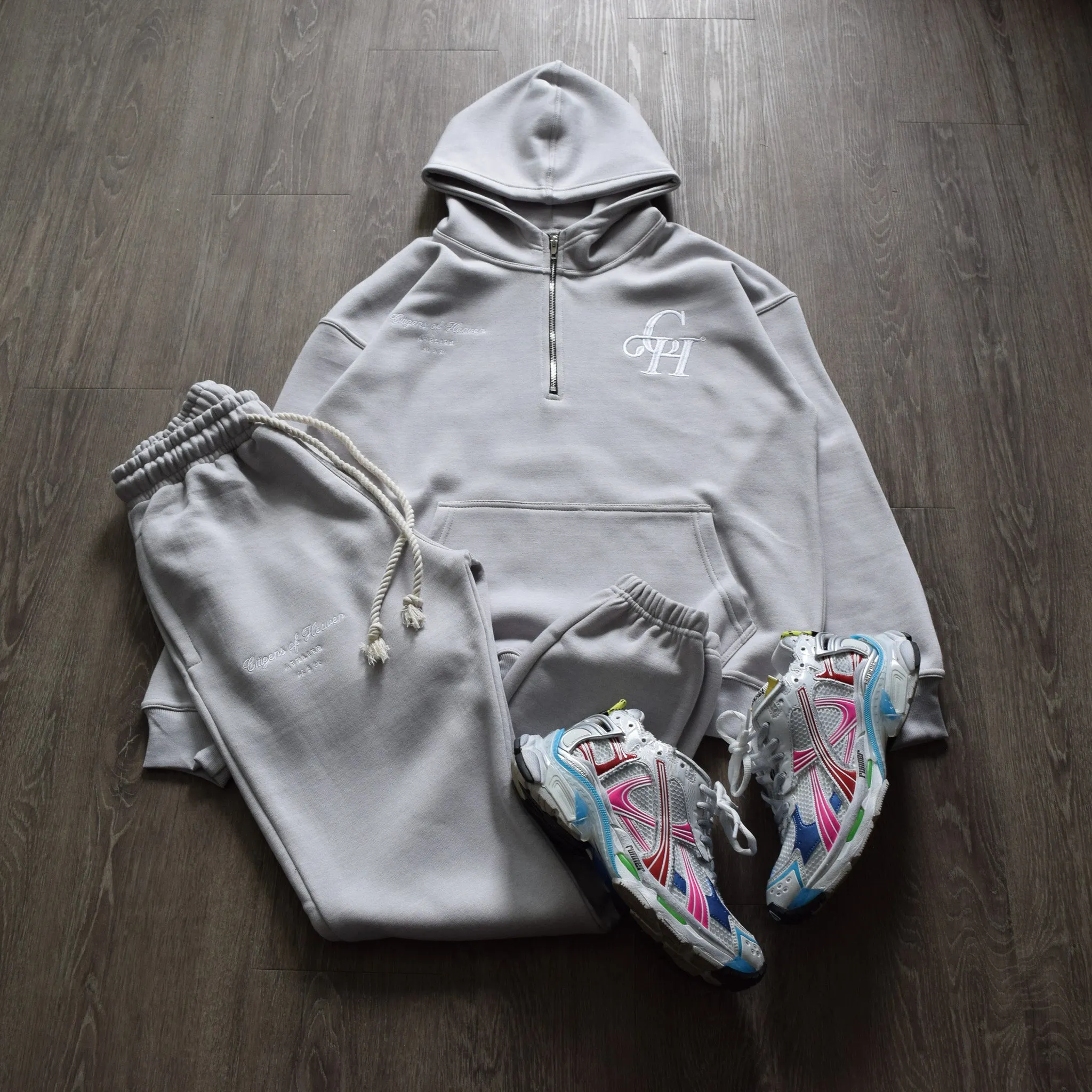 On The Go Half Zip Hooded Sweat Set- Cool Gray
