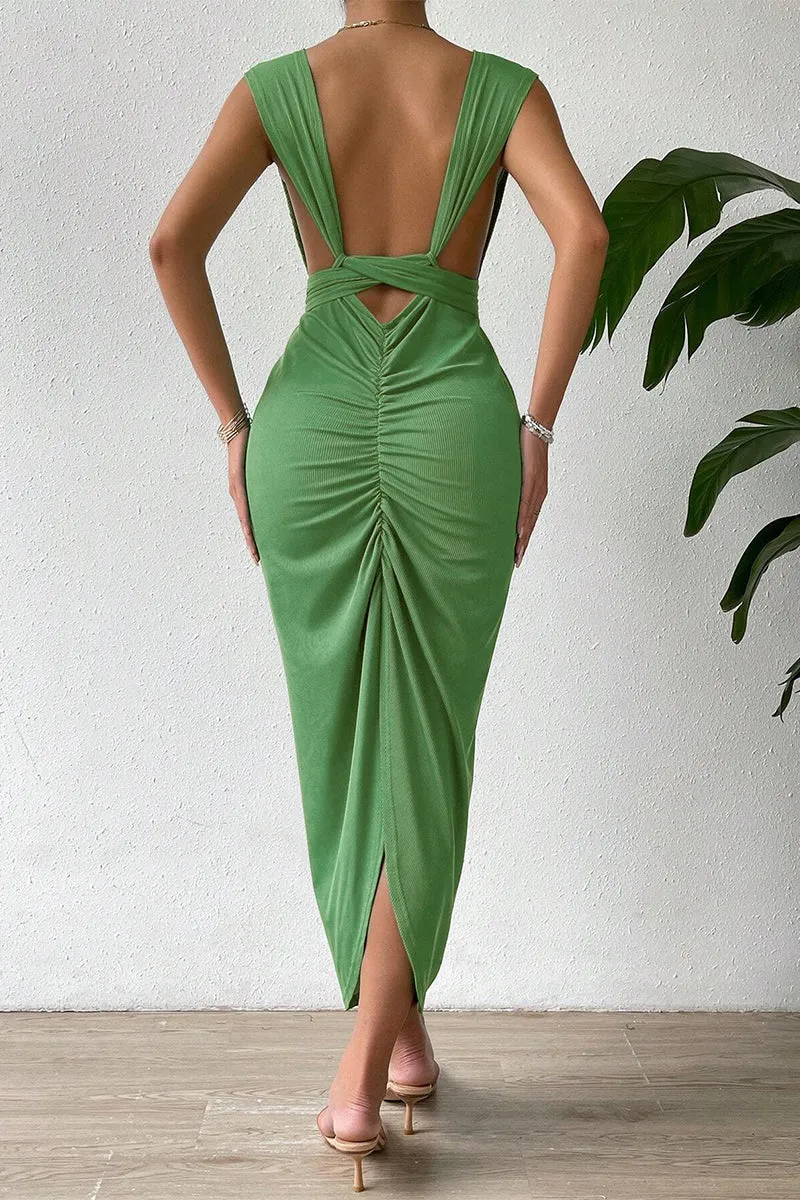 Sexy Simplicity Solid Backless V Neck Wrapped Skirt Dresses