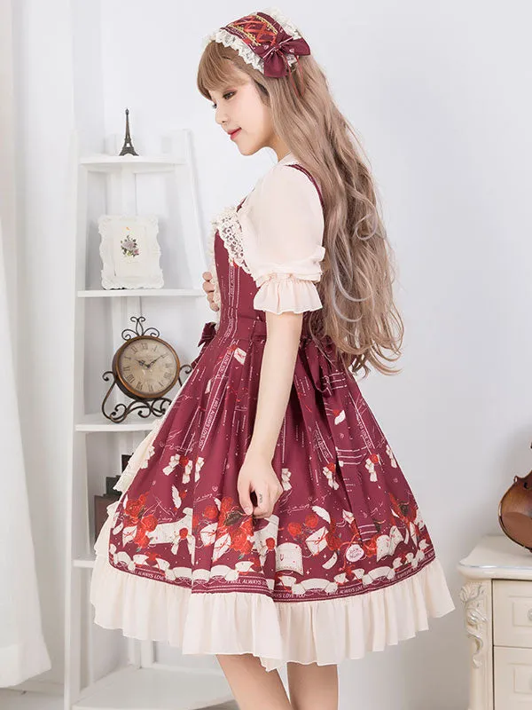 Sweet Lolita JSK Dress Lace Ruffle Print Bow Burgundy Chiffon Lolita Jumper Skirt