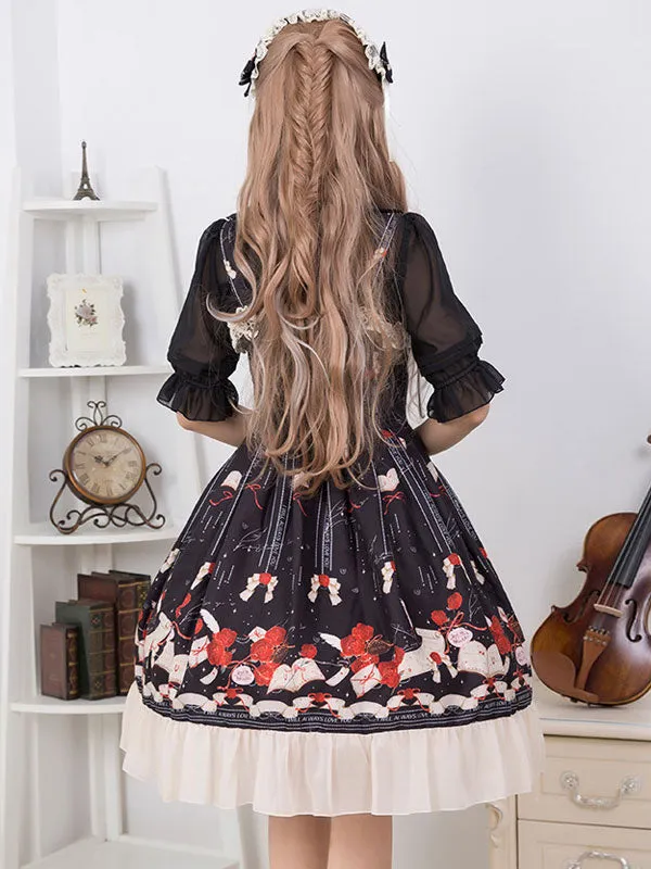 Sweet Lolita JSK Dress Lace Ruffle Print Bow Burgundy Chiffon Lolita Jumper Skirt
